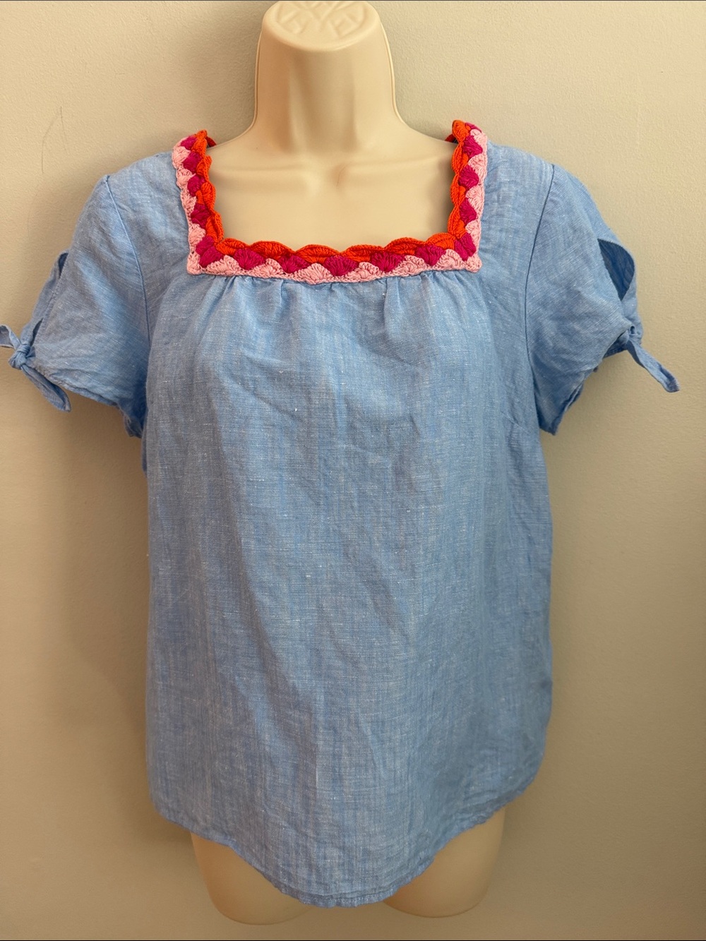 Talbots Light Blue Linen Square-Neck Top with Pink & Red Crochet Trim
